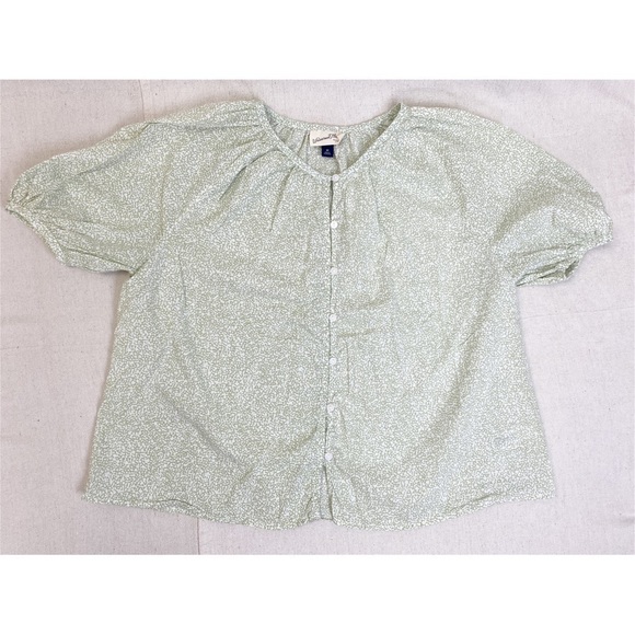 Universal Thread Green Floral Puff Short Sleeve Button Front cotton blouse M - Picture 1 of 6